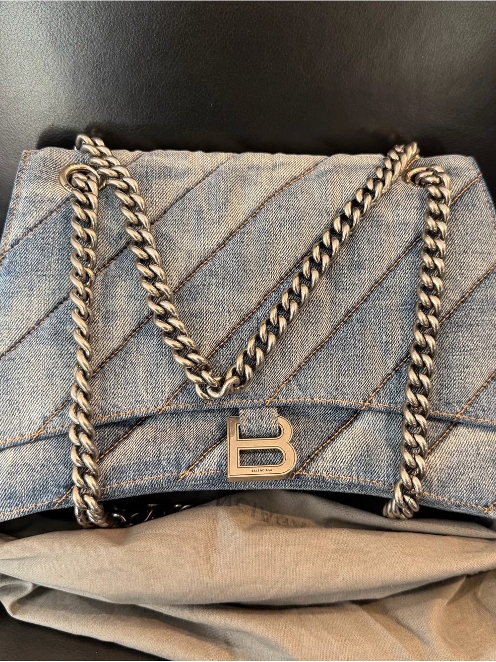 Balenciaga Washed Denim Quilted Medium Crush Chain Bag Denim Blue